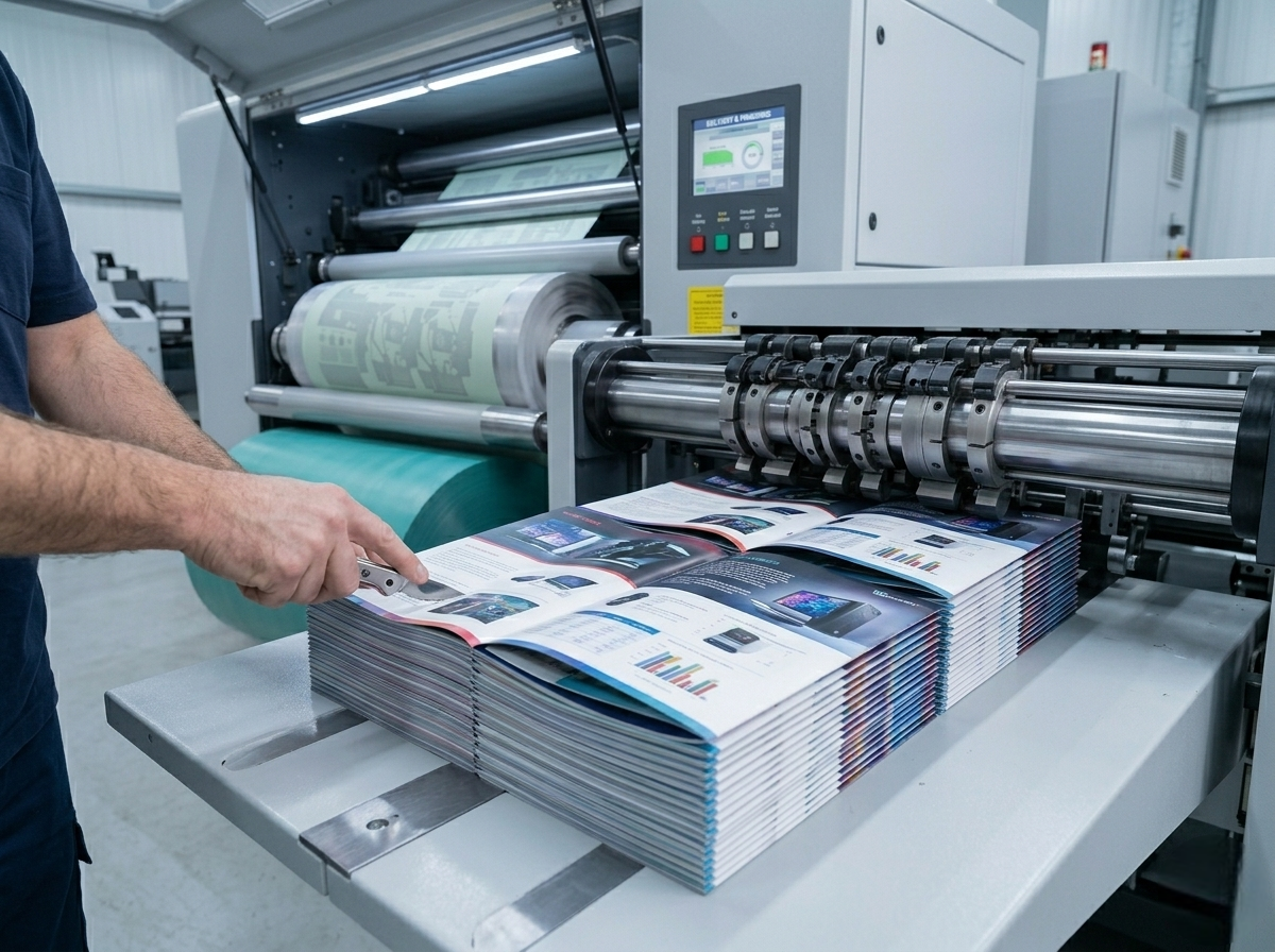 Operario revisando la salida de pliegos impresos en prensa offset de alta velocidad - VDS Suministros